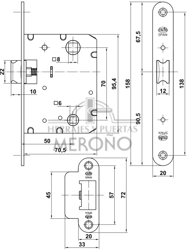 Picaporte Puerta Interior Mod 4000 - Dimensiones