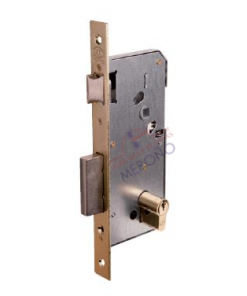 Cerradura de embutir para puerta de paso con resbalón picaporte y palanca con bombín de pera UCEM modelo 5225 acabado latonado
